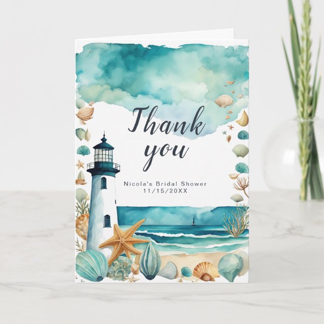 Nautical Lighthouse Bridal Shower Thank You Card (Front)