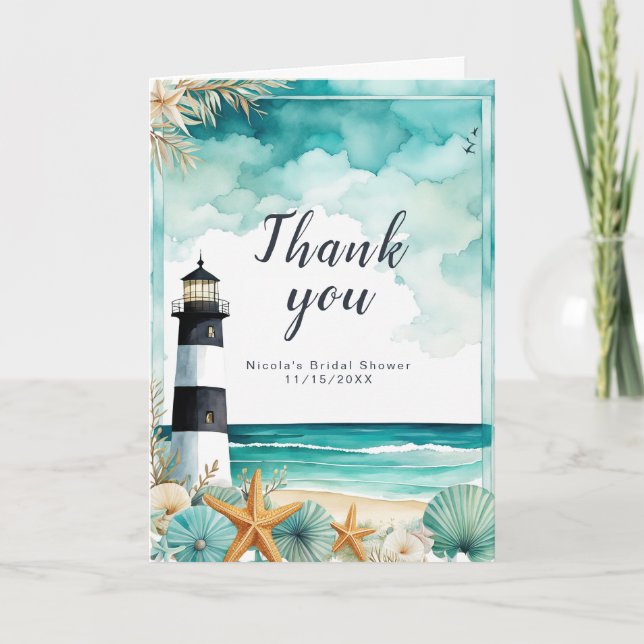 Nautical Lighthouse Bridal Shower Thank You Card (Front)