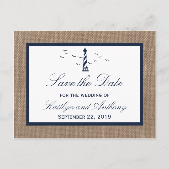 Nautical Lighthouse Burlap Wedding Save The Date Announcement Postcard (Front)