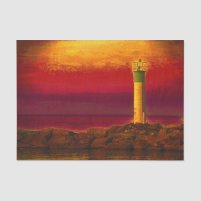 Nautical Lighthouse Burnt Orange Sky Sunset Lake Tissue Paper (Front)