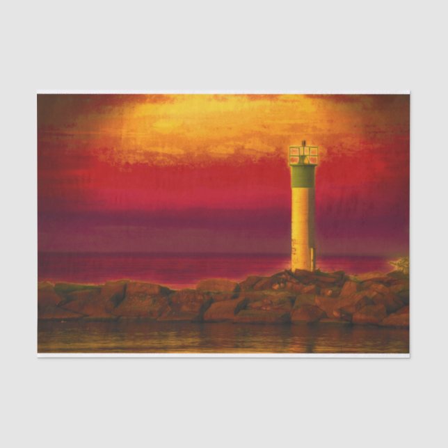 Nautical Lighthouse Burnt Orange Sky Sunset Lake Tissue Paper (Front)