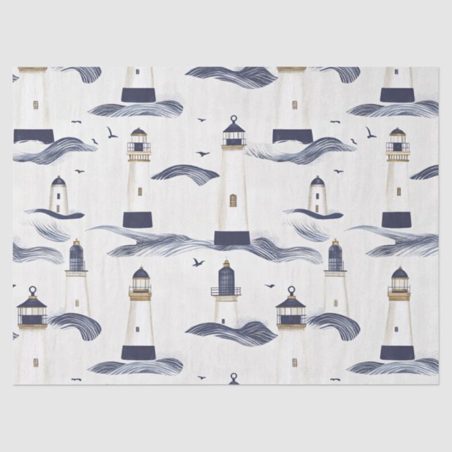 Nautical Lighthouse Coastal Blue Pattern (1) Tissue Paper (Front)
