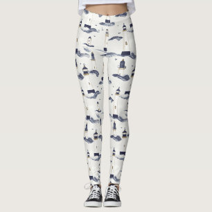 Nautical Lighthouse Coastal Blue Pattern Leggings