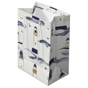 Nautical Lighthouse Coastal Blue Pattern Medium Gift Bag