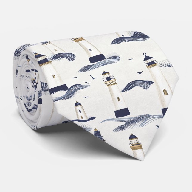 Nautical Lighthouse Coastal Blue Pattern Tie (Rolled)