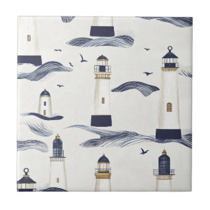 Nautical Lighthouse Coastal Blue Pattern Tile