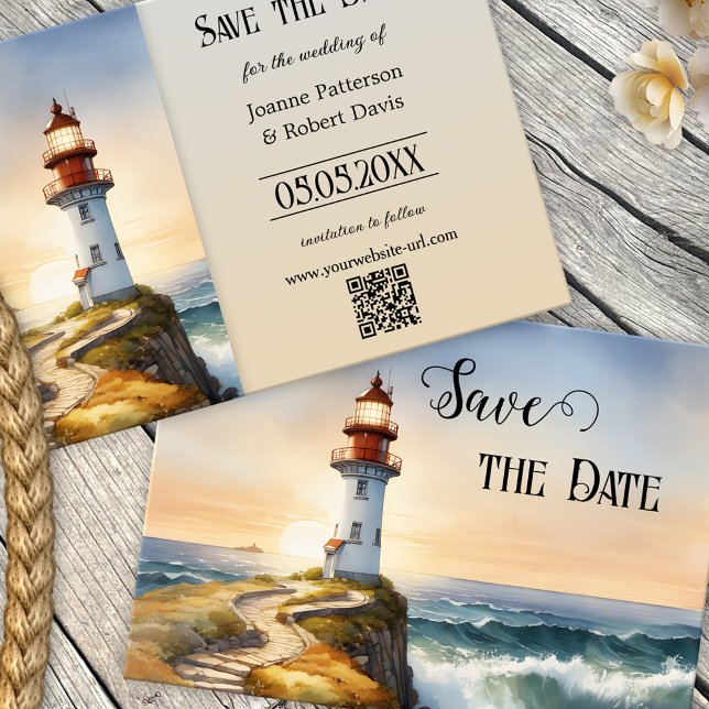 Nautical Lighthouse Coastal Enregistrer la carte d (Nautical Save the Date card featuring a watercolor painting of a lighthouse at sunset - QR code)