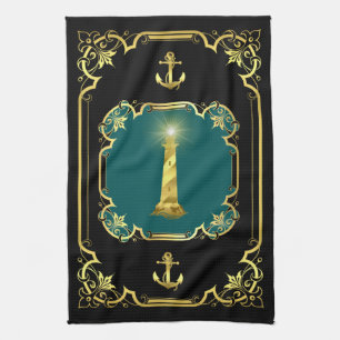 Nautical lighthouse gilded black/gold/aqua kitchen towel