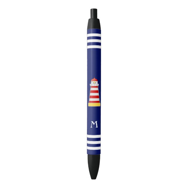 Nautical Lighthouse & Monogram on Blue Background Black Ink Pen (Front Vertical)