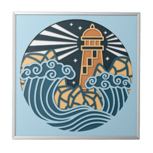 Nautical Lighthouse Ocean Night Scene Tile