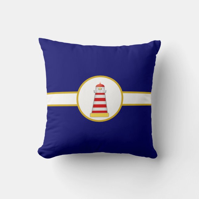 Nautical Lighthouse on Navy Blue & White Throw Pillow (Front)