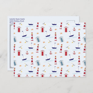 Nautical Lighthouse Pattern 1st Birthday Party Postcard