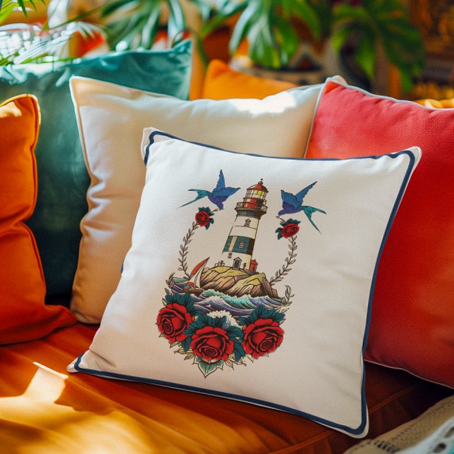 Nautical Lighthouse  Red Blue  Throw Pillow (Creator Uploaded)