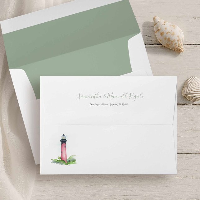 Nautical Lighthouse Return Address Envelope (Beach wedding in Florida features watercolor Jupiter lighthouse envelope art by Victoria Grigaliunas)