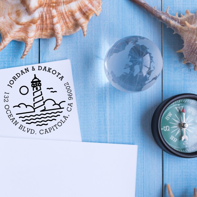 Nautical Lighthouse Round Wedding Return Address Self-inking Stamp (Creator Uploaded)