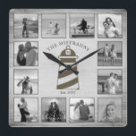 Nautical Lighthouse Rustic Wood Black White Photos Square Wall Clock<br><div class="desc">This nautical lighthouse design features a weathered grey wood background with space for 12 photos, all displayed in black and white! Click the customize button for more flexibility in modifying/adding text and design elements! Variations of this design as well as coordinating products are available in our shop, zazzle.com/store/doodlelulu. Contact us...</div>
