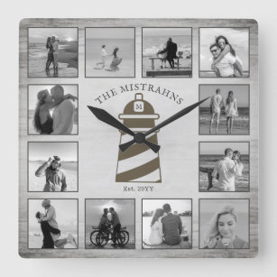 Nautical Lighthouse Rustic Wood Black White Photos Square Wall Clock