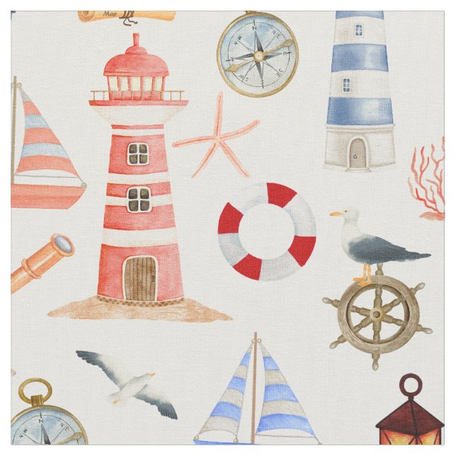 Nautical Lighthouse Sailboat Explorer Gear Fabric (Close Up)