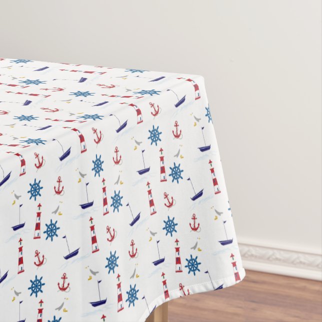 Nautical Lighthouse Sailboat Ocean Rectangle Tablecloth (In Situ)