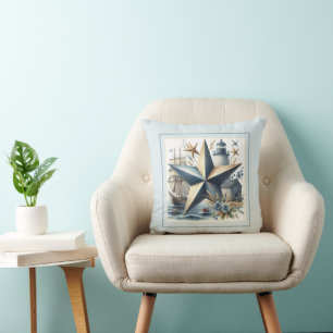 Nautical Lighthouse, Ship, Star and Starfish  Throw Pillow