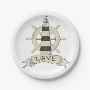 Nautical Lighthouse & Ship Wheel  Wedding Party Paper Plate