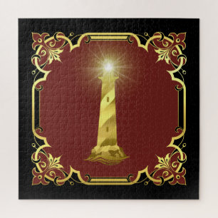 Nautical lighthouse silhouette/gold/black/red jigsaw puzzle