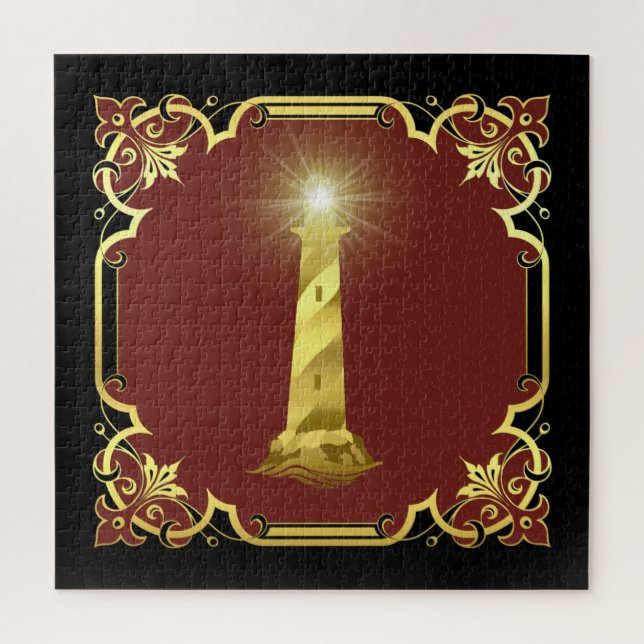Nautical lighthouse silhouette/gold/black/red jigsaw puzzle (Vertical)