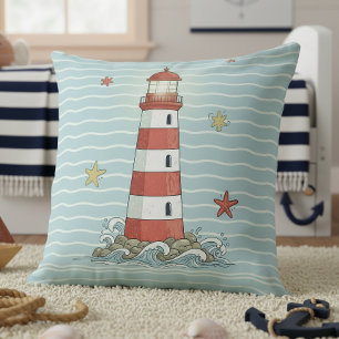 Nautical Lighthouse & Starfish ID1249 Throw Pillow