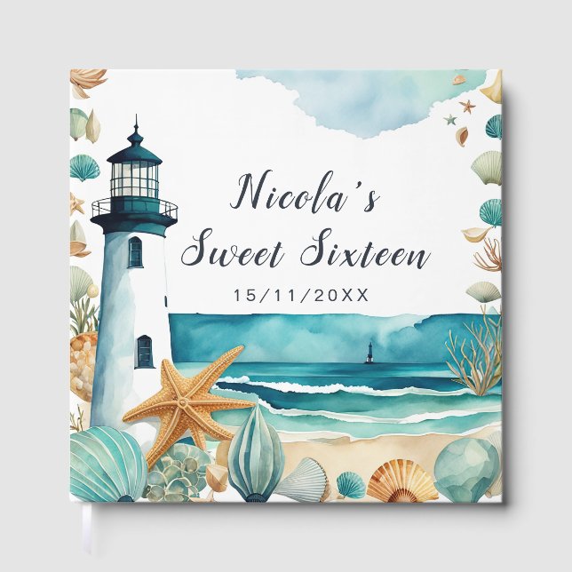 Nautical Lighthouse Sweet Sixteen Birthday Guest Book (Front)