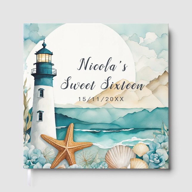 Nautical Lighthouse Sweet Sixteen Birthday Guest Book (Front)