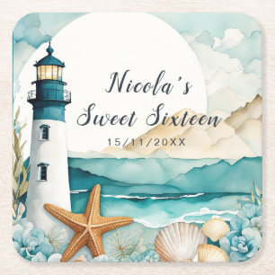 Nautical Lighthouse Sweet Sixteen Birthday Square Paper Coaster