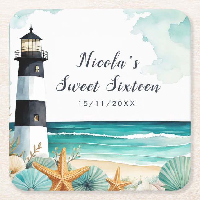 Nautical Lighthouse Sweet Sixteen Birthday Square Paper Coaster (Front)