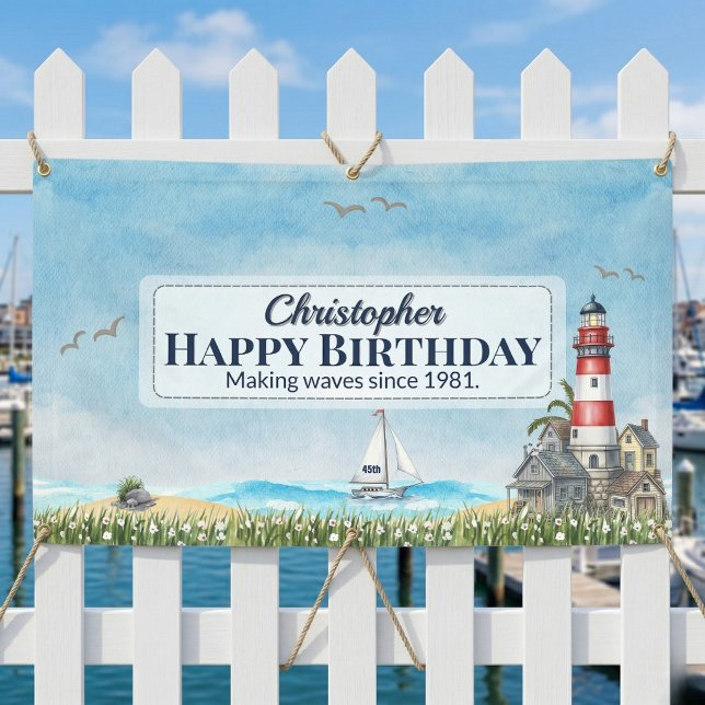 Nautical Lighthouse Vintage Birthday Banner (Vintage vibes and salty tides.)