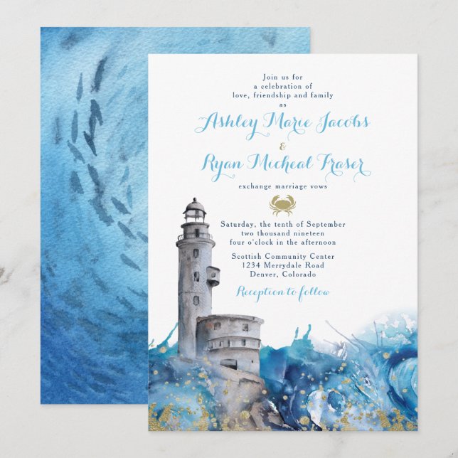 Nautical Lighthouse Waves Wedding Invitation (Front/Back)