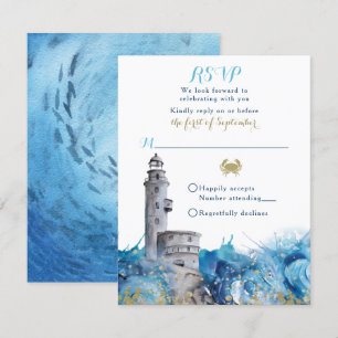 Nautical Lighthouse Waves Wedding RSVP Card