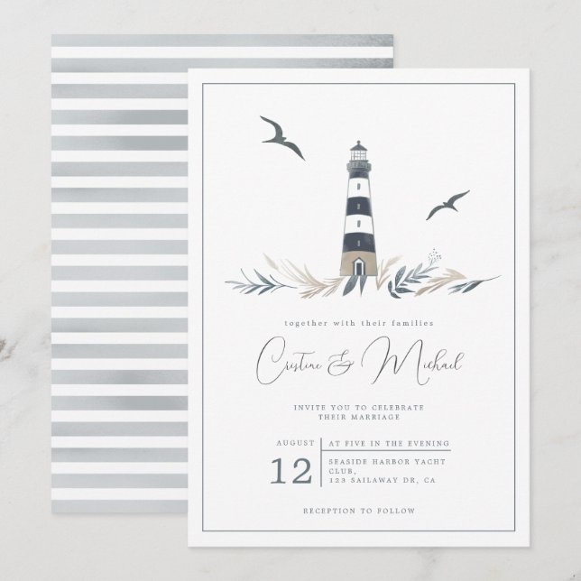 Nautical lighthouse wedding invitation (Front/Back)