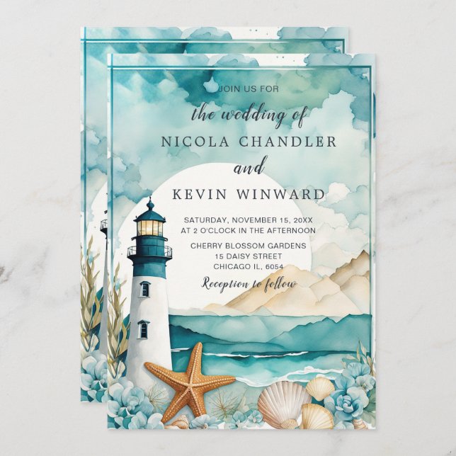 Nautical Lighthouse Wedding Invitation (Front/Back)