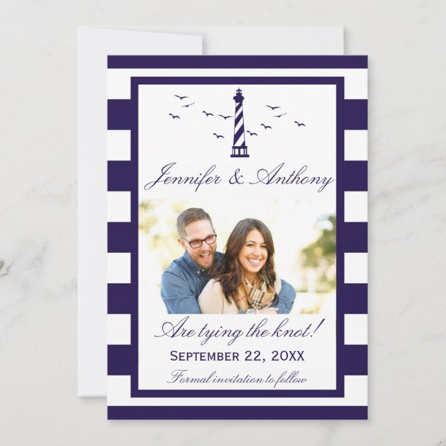 Nautical Lighthouse Wedding Photo Save The Date (Front)