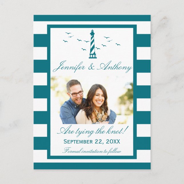 Nautical Lighthouse Wedding Photo Save The Date Announcement Postcard (Front)