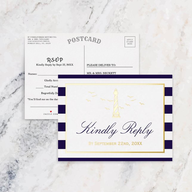Nautical Lighthouse Wedding RSVP Real Foil Invitation Postcard (Creator Uploaded)