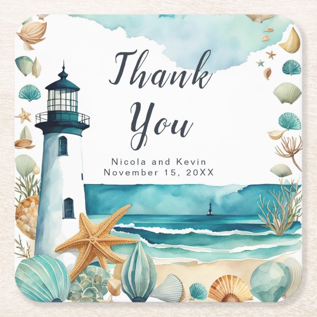 Nautical Lighthouse Wedding  Square Paper Coaster (Front)