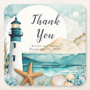 Nautical Lighthouse Wedding  Square Paper Coaster