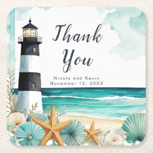 Nautical Lighthouse Wedding  Square Paper Coaster