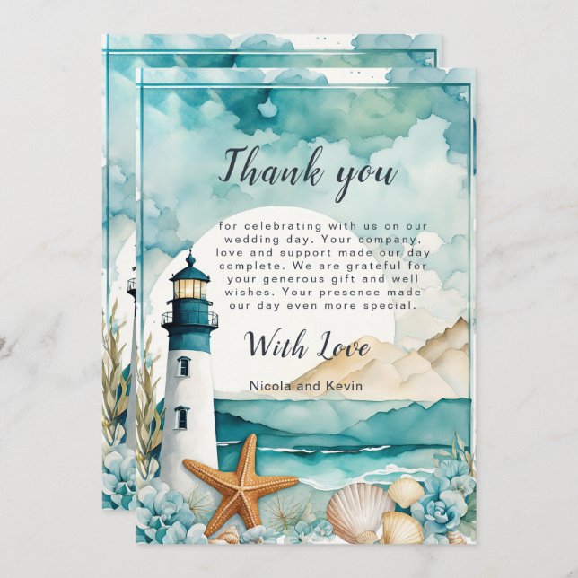 Nautical Lighthouse Wedding Thank You Card (Front/Back)