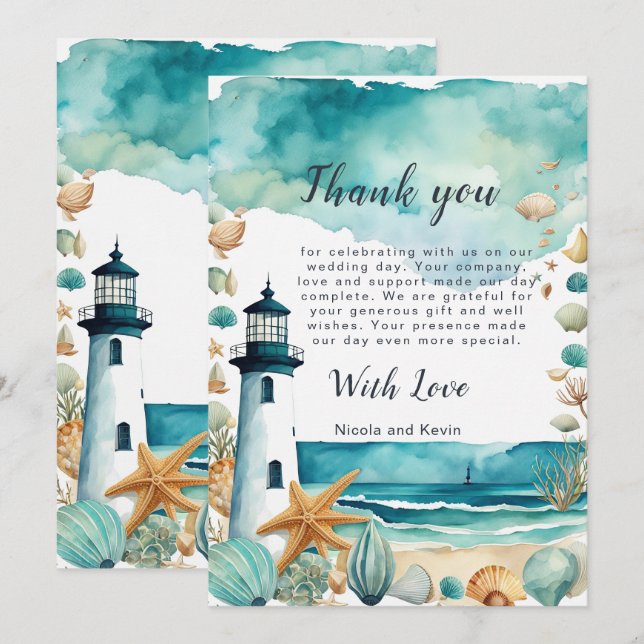 Nautical Lighthouse Wedding Thank You Card (Front/Back)