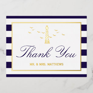 Nautical Lighthouse Wedding Thank You Real Foil Invitation Postcard