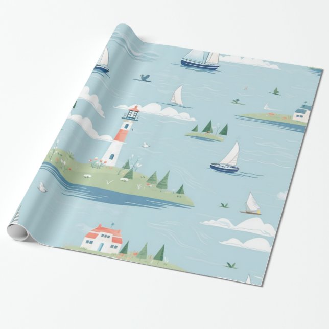 Nautical Lighthouse Wrapping Paper (Unrolled)