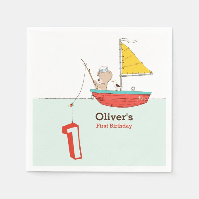 Nautical little sailor bear first birthday napkin (Front)