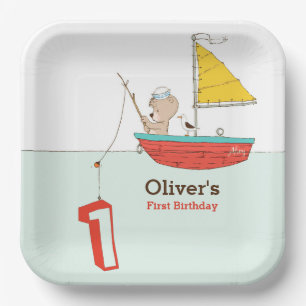 Nautical little sailor bear first birthday paper plate