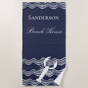 Nautical Lobster Navy Blue white Beach Towel